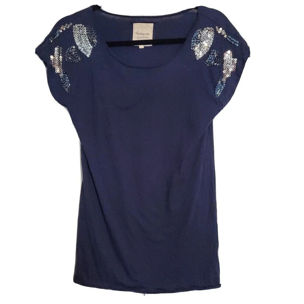 Heritage 1981 Top Navy Blue Tshirt Small Beading Cap Sleeve Embellished Womens